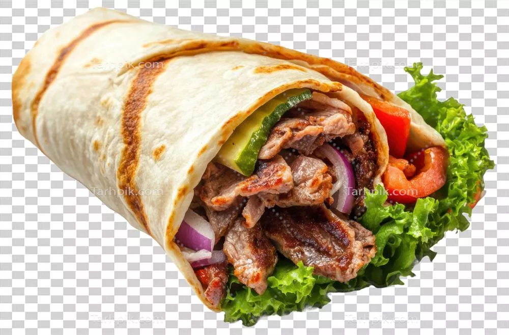 Wrap خوشمزه پر از گوشت کبابی، سبزیجات تازه و گیاهان معطر