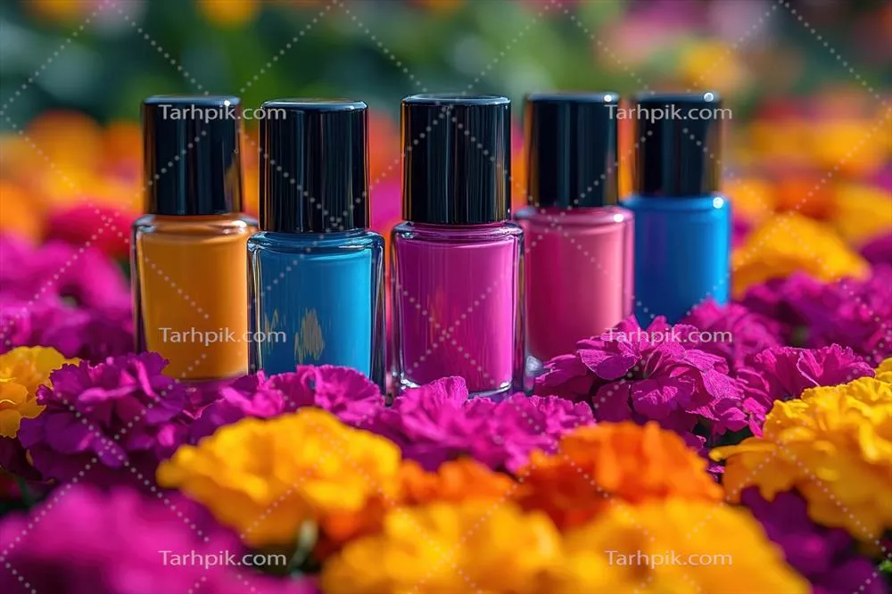 بطریهای لاک ناخن شیک با رنگهای جسور در زمینهای محو از گلهای.marigold