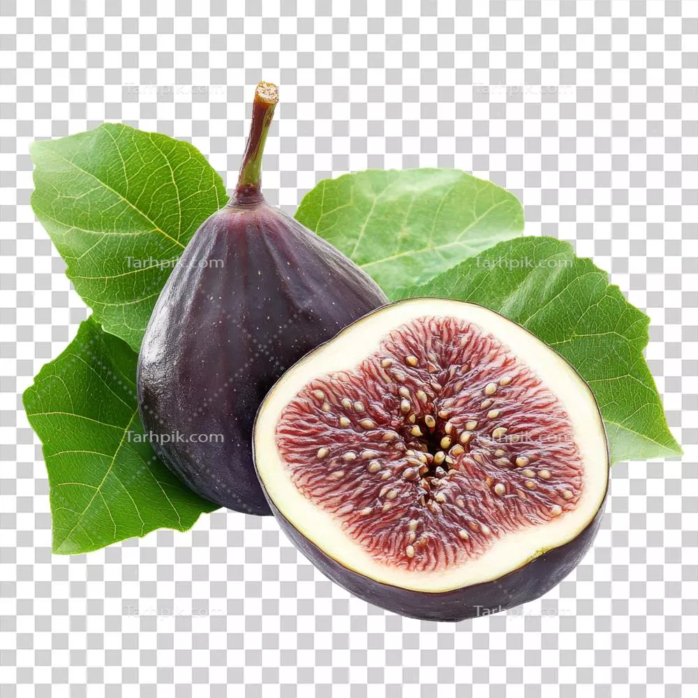 انجیرهای تازه با برش‌های زیبا و برگ‌های سبز در یک محیط روشن و شفاف