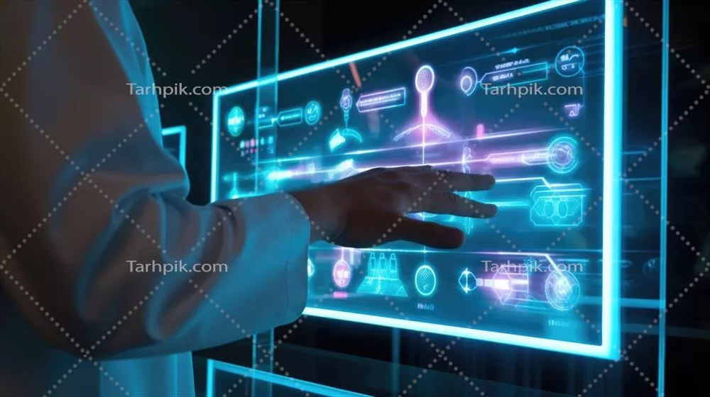 عکس نزدیک از دستان یک پزشک که گزینهها را روی صفحه نمایش هولوگرافیک انتخاب میکند