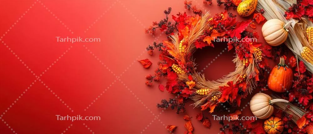 تزیینات جشن پاییزی: حلقه‌ایی با کدو و ذرت روی زمینه قرمز
