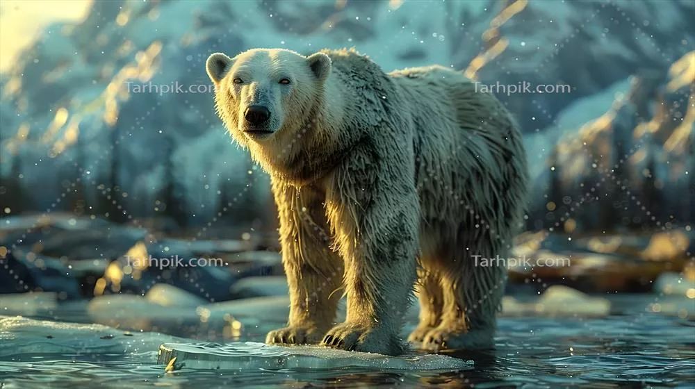 نقش برجسته و سه بعدی از خرس قطبی ایستاده بر روی تکهای یخ در منظره زمستانی