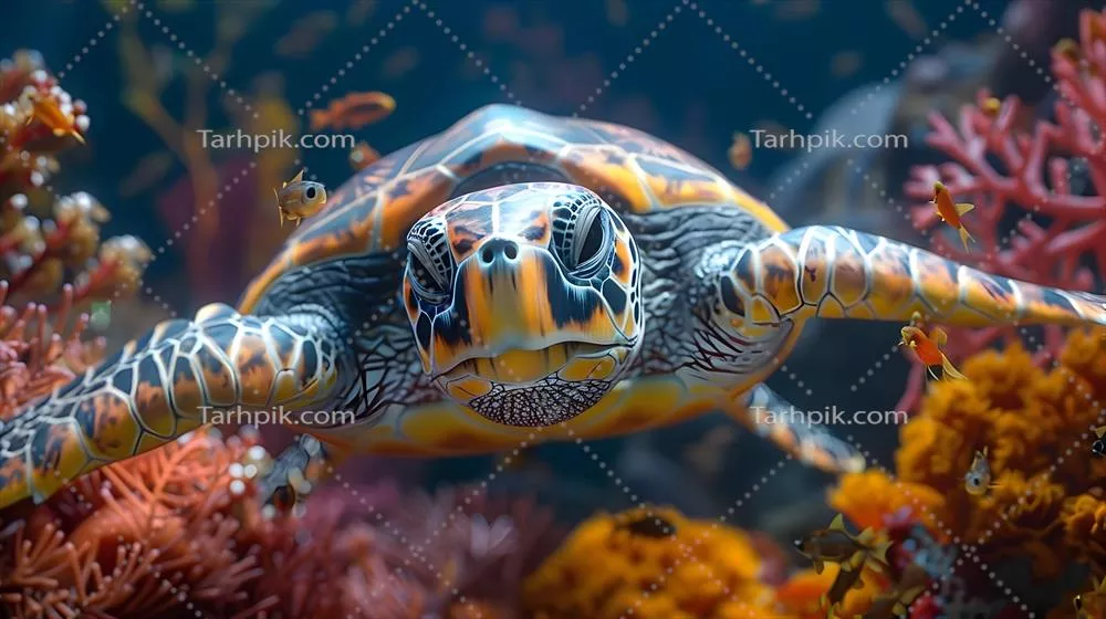 تصویر سه بعدی لاک‌پشت دریایی در حال شنا در میان صخره‌های مرجانی