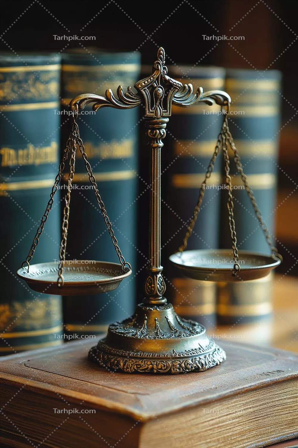 ترازوهای قدیمی روی کتابهای حقوقی انباشته شده در یک باغ آرام در روز