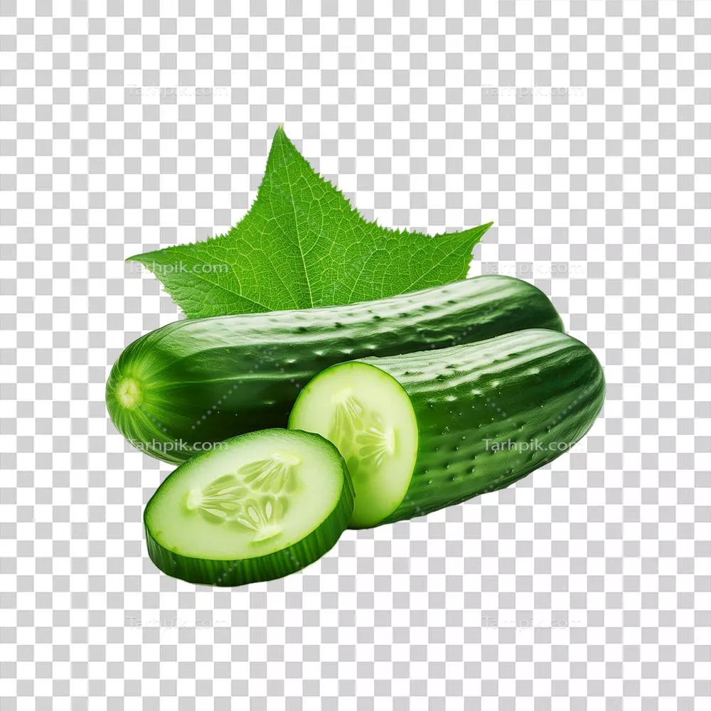 خیار سبز با برش ها و برگ روی پس زمینه شفاف