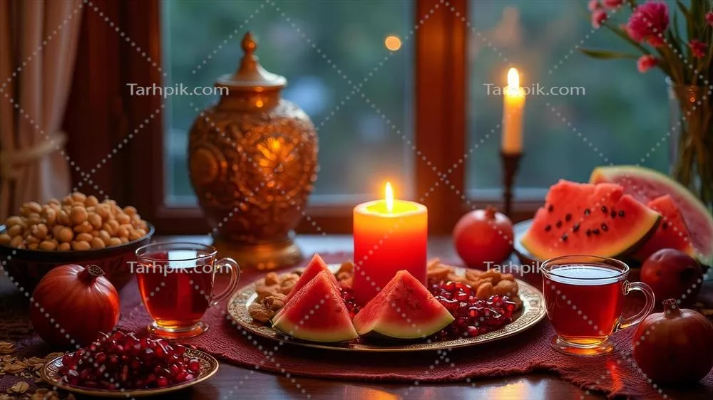 میز دنج و شمعی با نوشیدنی هندوانه و انار و میانوعدههای سنتی کنار پنجره