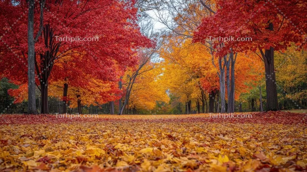 درختان پاییزی با برگهای رنگارنگ در یک جنگل رنگارنگ در فصل پاییز