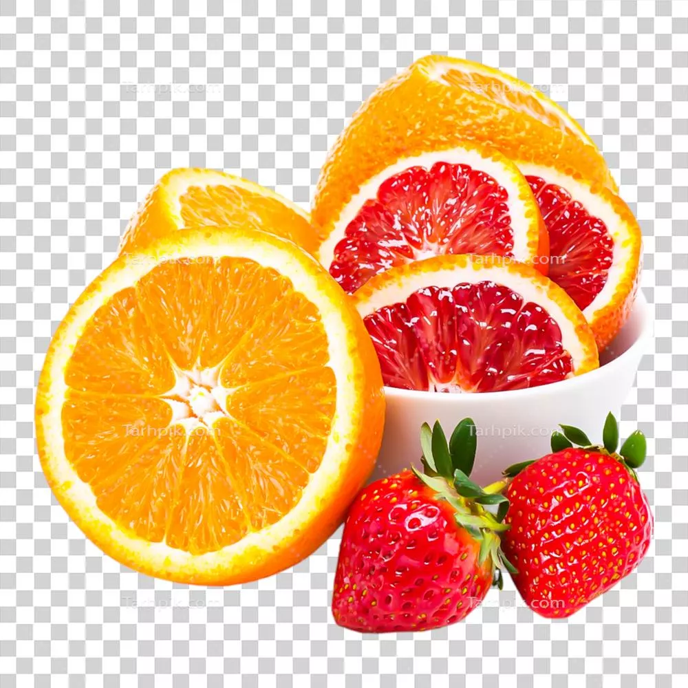 میوههای تازه مرکبات و توت فرنگی در یک کاسه