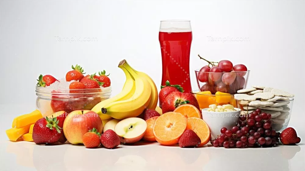 مجموعه‌ای از میوه‌های تازه و آبمیوه‌های طبیعی و خوشمزه