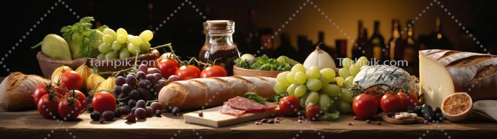 تنوعی از میوه‌ها، سبزیجات و نان تازه بر روی یک میز چوبی روستایی