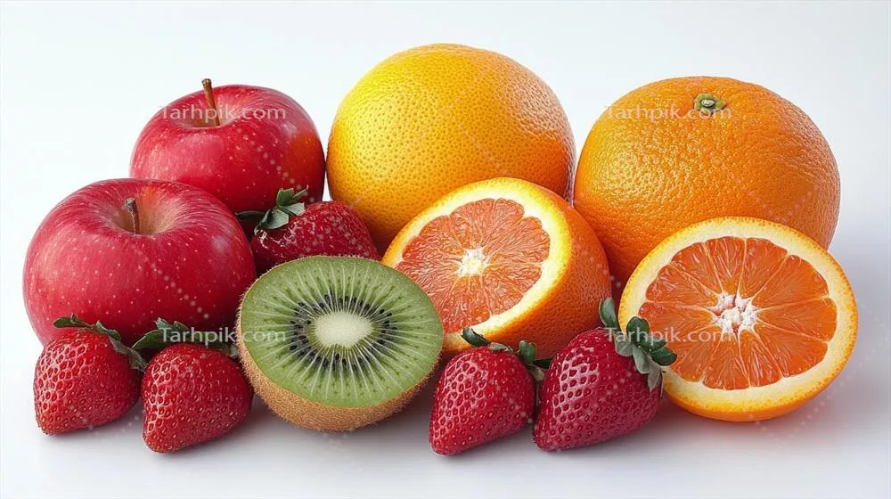 چیدمان رنگارنگ و زیبا از میوه های تازه در بخش های متنوع بر روی زمینه خاکستری