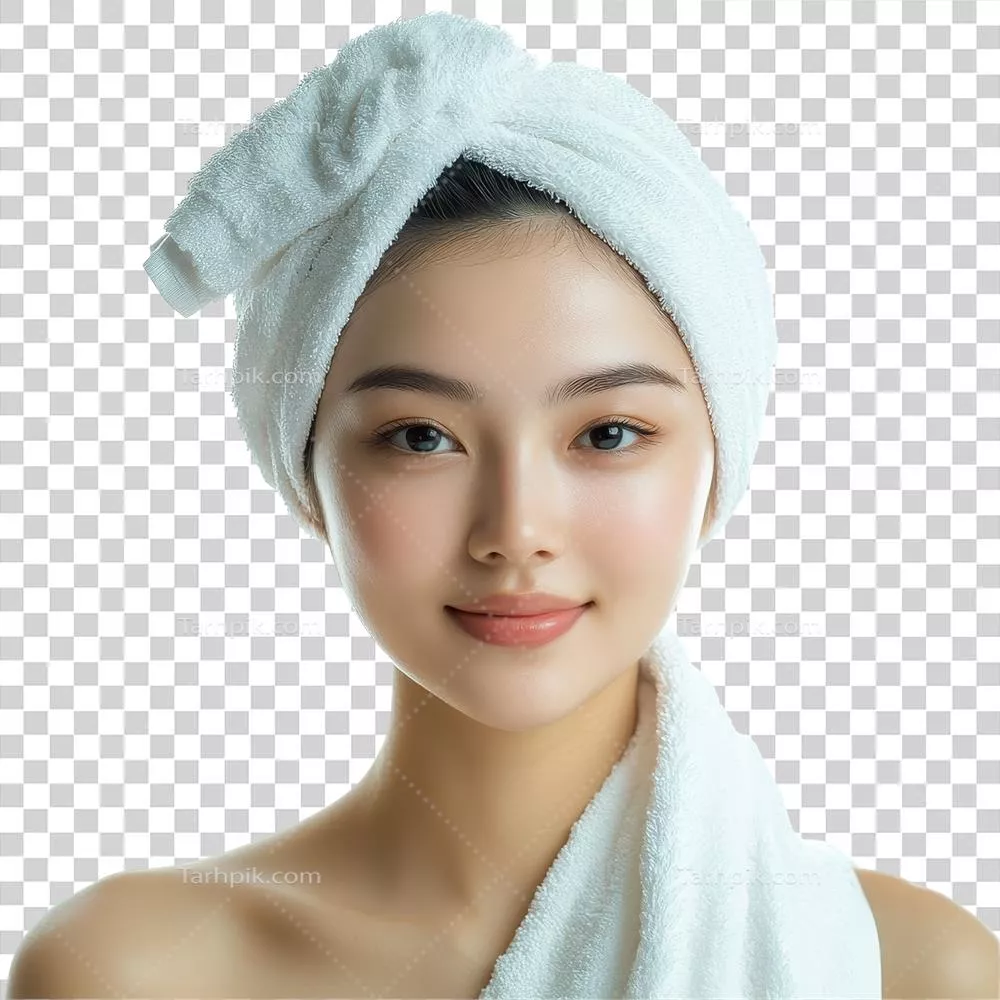 زن آسیایی با حوله روی سر در فضایی روشن و آرام در حال ژست گرفتن