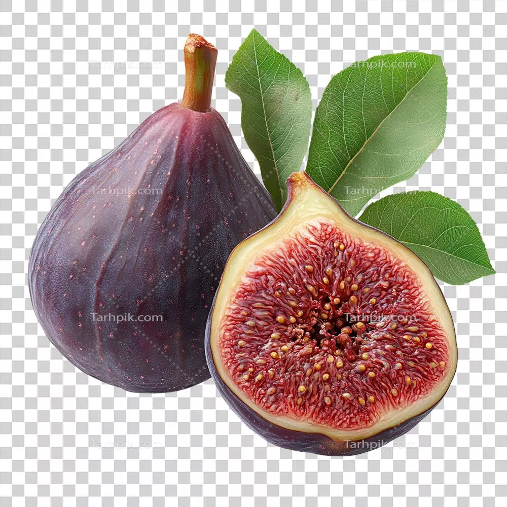 انجیر تازه با رنگ‌های روشن و بافتی جذاب، نمایانگر interior آبکی و برگ‌های سبز - نمایش در زمینه شفاف