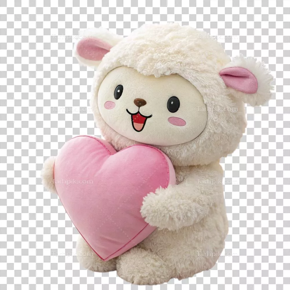 عروسک پشمالویی با بالش قلبی بر روی پسزمینه پاستلی زیبا