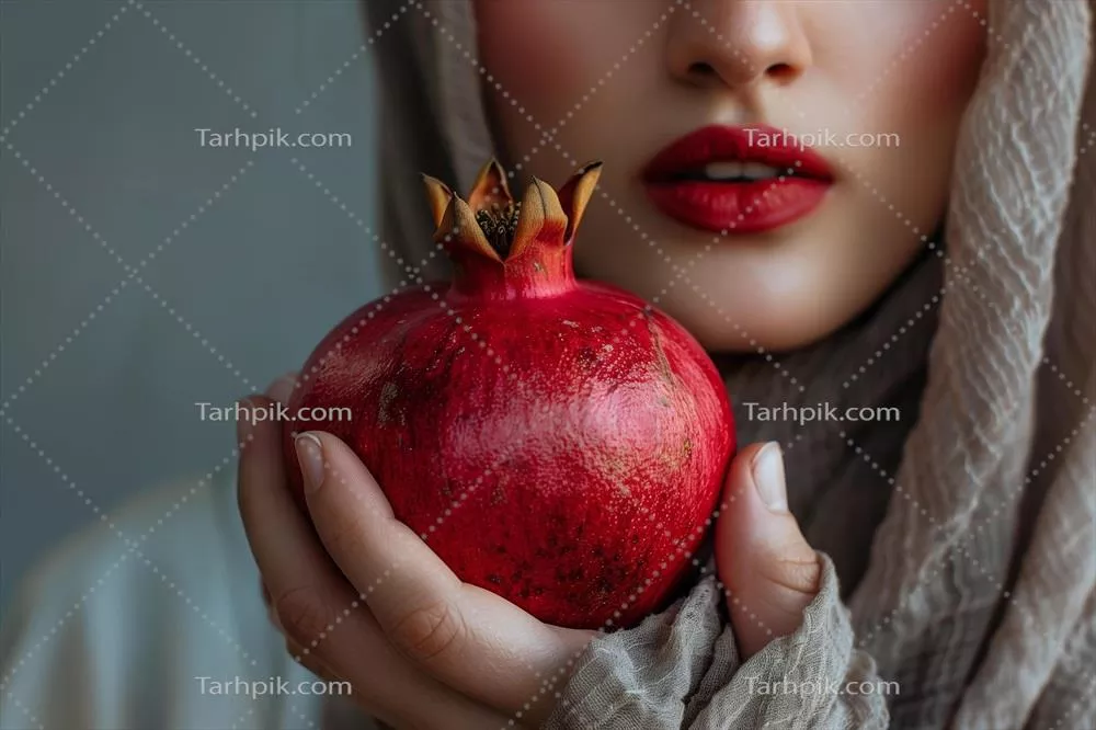 یک زن با روسری که انار را در دست دارد و زیبایی را به نمایش می‌گذارد