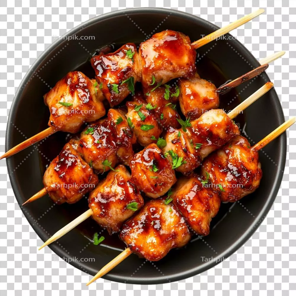 سیخ کباب مرغ در بشقاب مشکی با سس مخصوص و زیبایی خاص