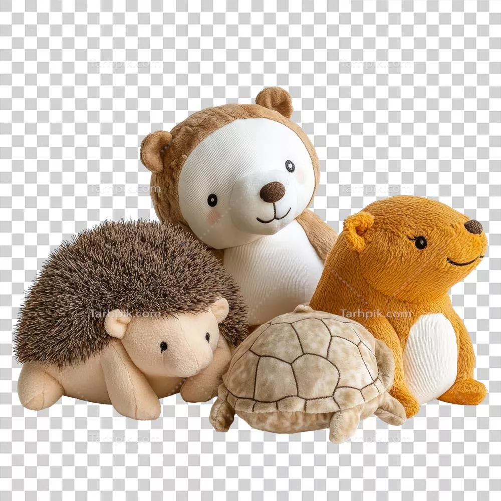 عروسک‌های نرم و جذاب از جمله جوجه تیغی، لاک‌پشت، خرس و مارموت در یک محیط دنج