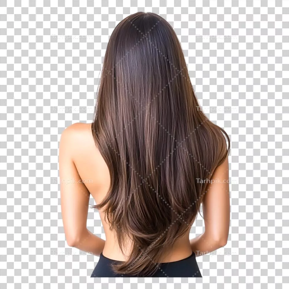 زنی با موی بلند قهوهای، نمای پشت با درخشندگی و استایل نرم و شیک