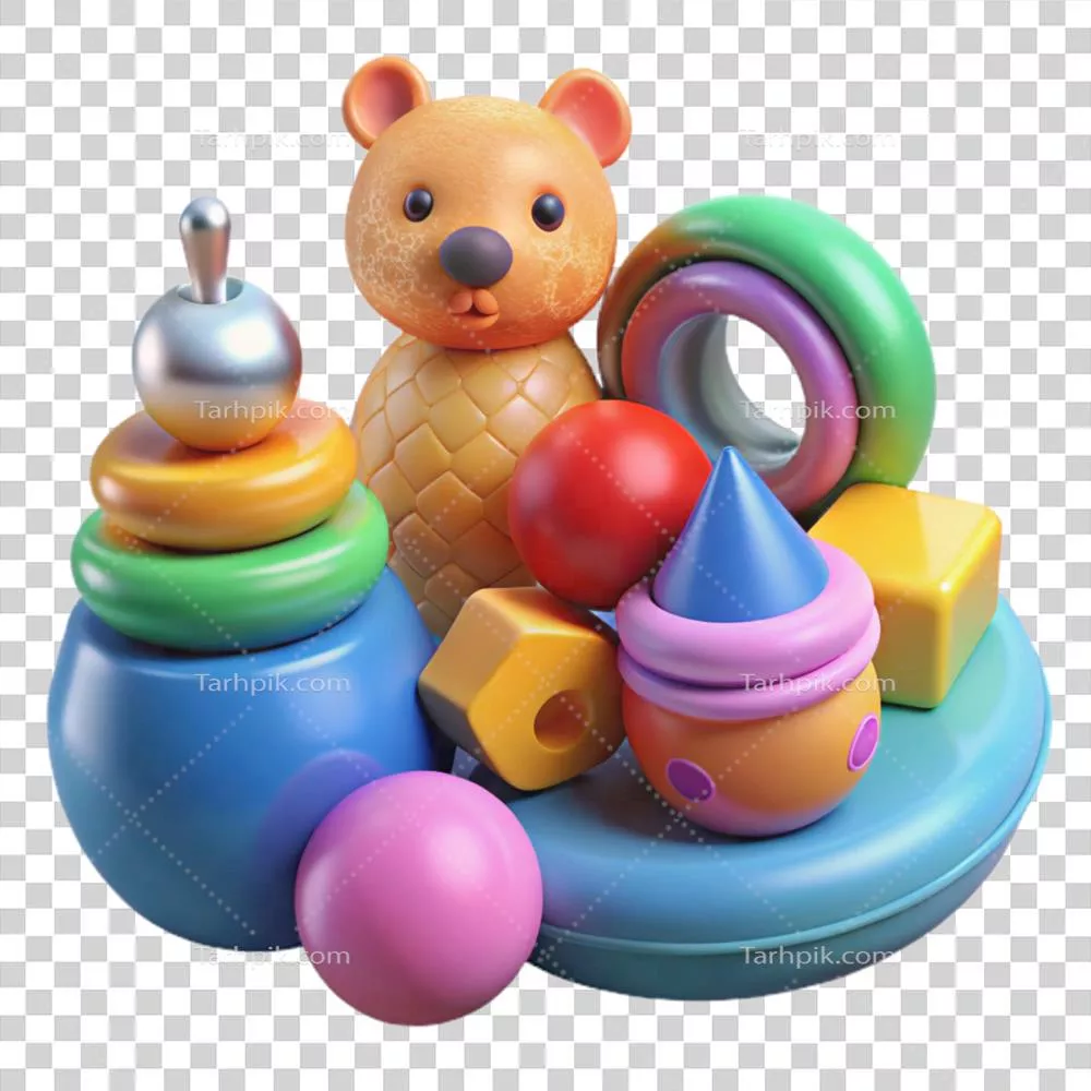 چیدمان جذاب و شگفتانگیز اسباببازیهای نوزاد با طراحی انتزاعی و رنگارنگ در پسزمینه شفاف