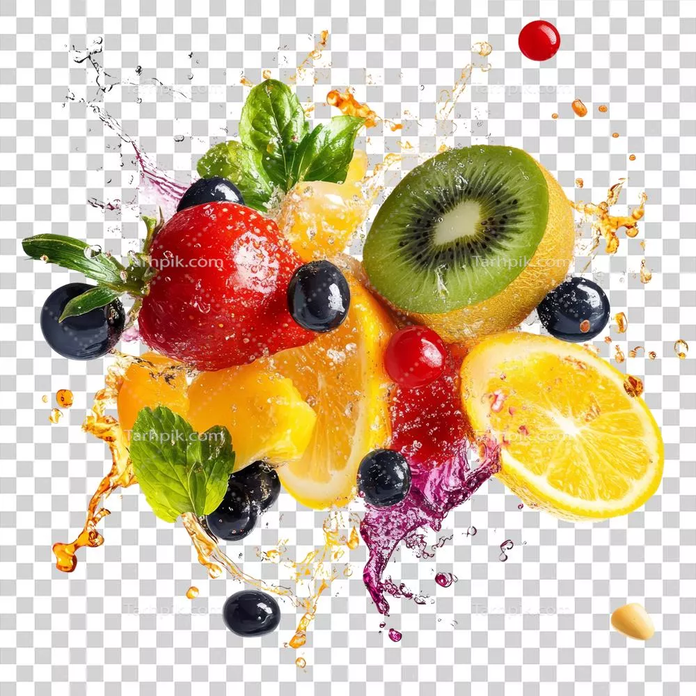 نمایش جذاب مالتی ویتامین‌ها با آب‌میوه‌های تازه و رنگارنگ بر روی پس‌زمینه شفاف