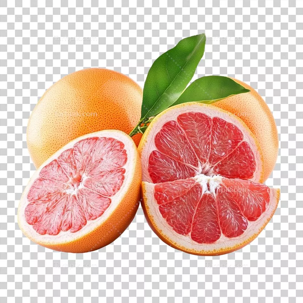 نمایش زیبا از میوه‌های گریپ‌فروت تازه و نیمه‌برش داده شده بر روی پس‌زمینه شفاف
