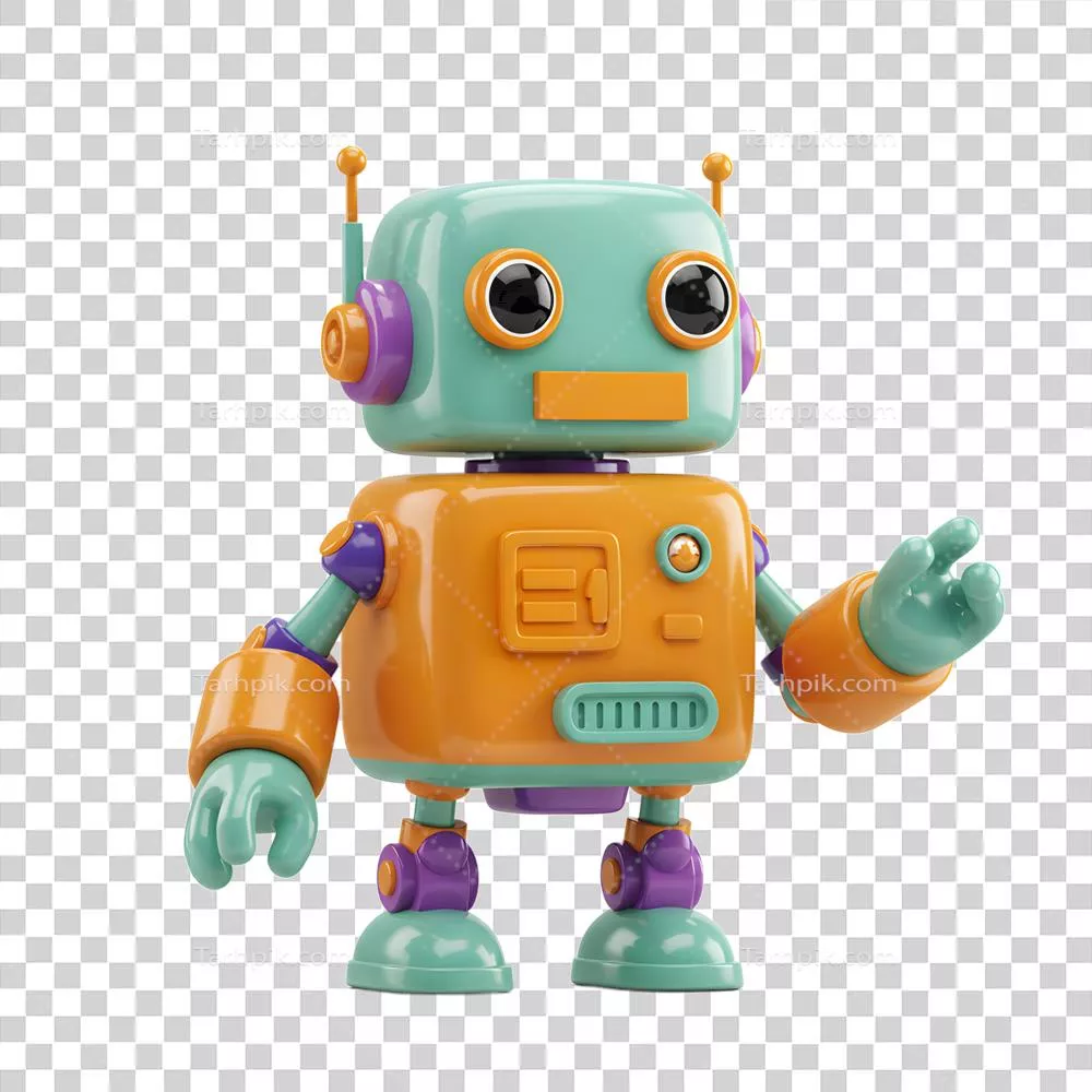 ربات اسباب بازی بامزه با دست تکان دهنده و چهره دوست داشتنی بر روی پس زمینه سفید