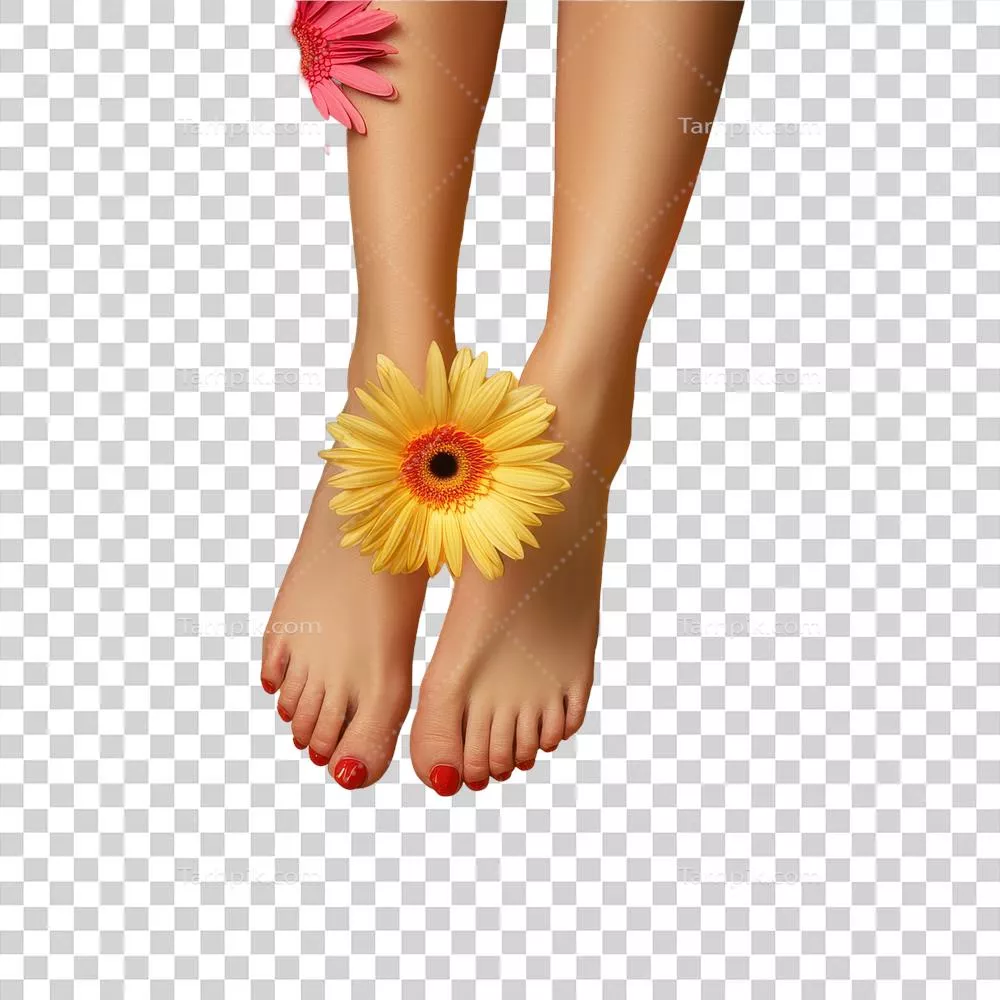 نمایشگر گرمسیری با گلدانهای رنگی ژربرا و برگهای نخل در پسزمینه زرد