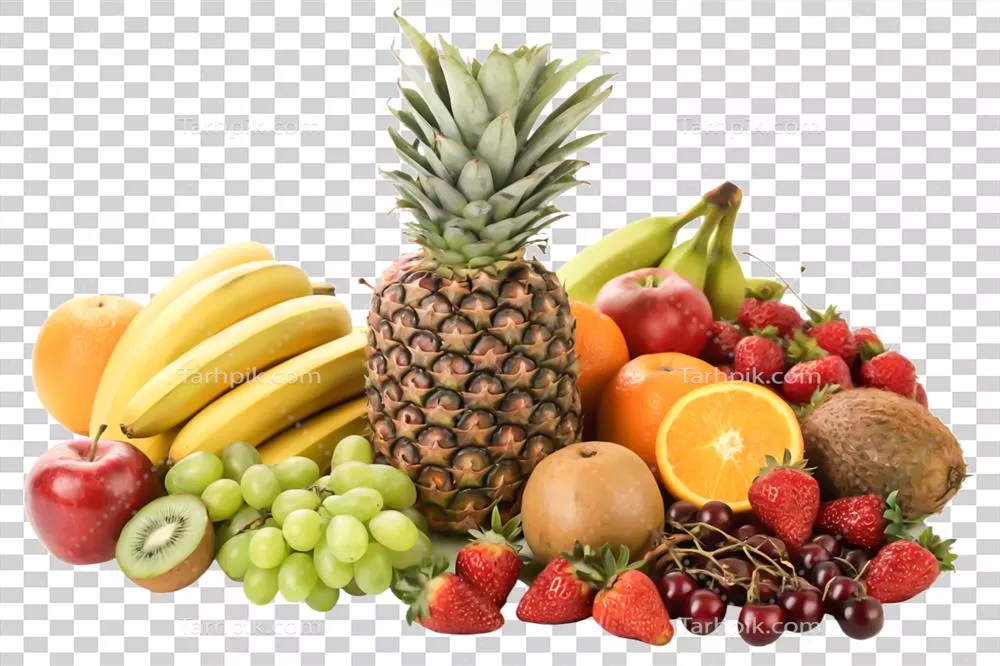 ترکیب زیبای میوههای تازه شامل آناناس، موز و توتفرنگی و دیگر میوهها