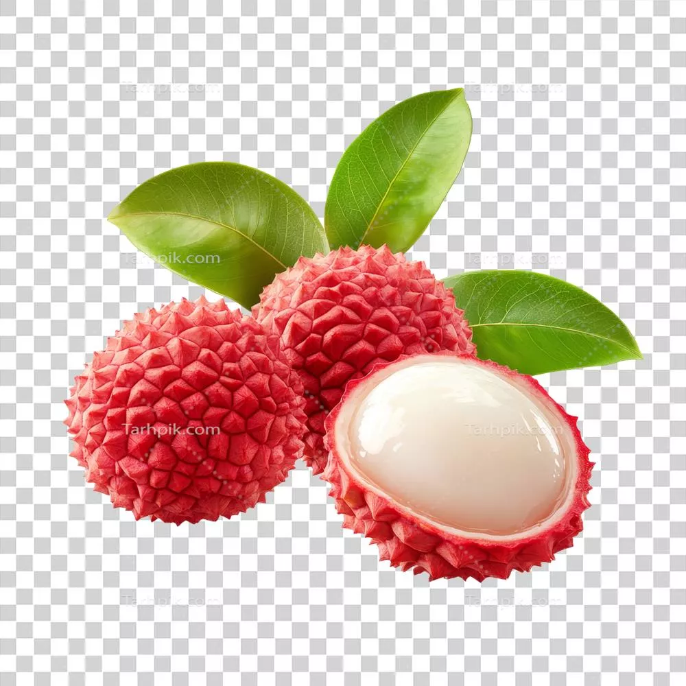 میوه تازه آجیل درختچه لیچی با برگ‌های سبز بر روی پس‌زمینه شفاف