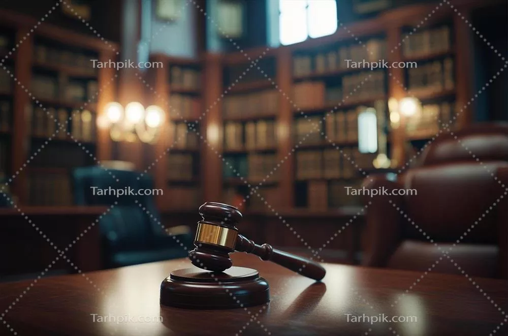 چکش چوبی روی میز در پس‌زمینه مبهم دفتر وکالت
