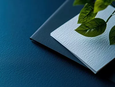 نوشت‌افزار شیک با سبزیجات: نزدیک‌نگری بر روی کاغذ بافت‌دار و برگ‌ها