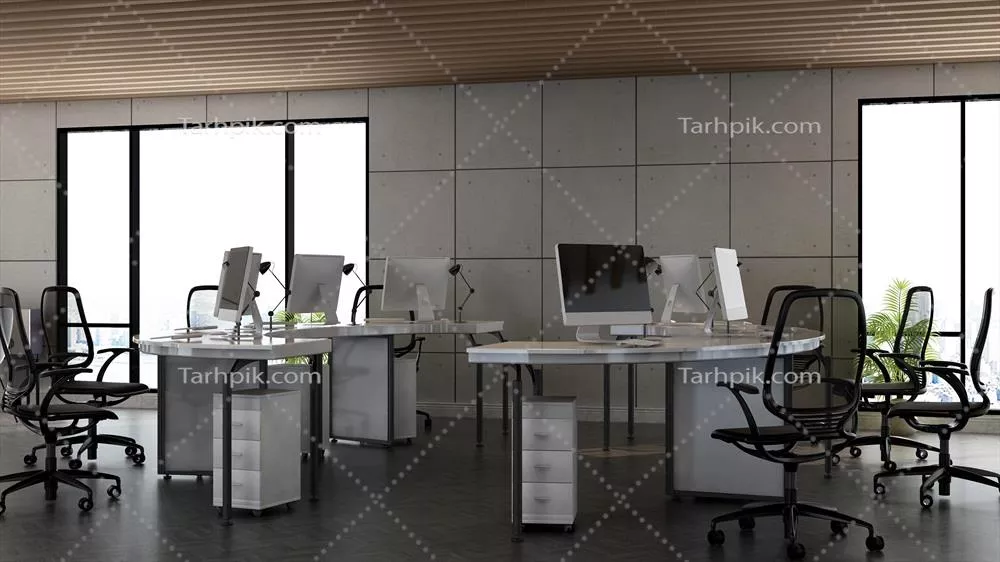 رندر سه بعدی از فضای کار مدرن و مینیمالیستی با جزئیات واقعی