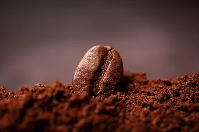 نمای نزدیک از دانههای قهوه در انبوهی از قهوه برشته با فضایی برای متن درباره تازگی قهوه