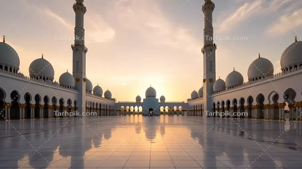 نما مرموز مسجد شیخ زاید در ابوظبی در پسزمینه غروب آفتاب