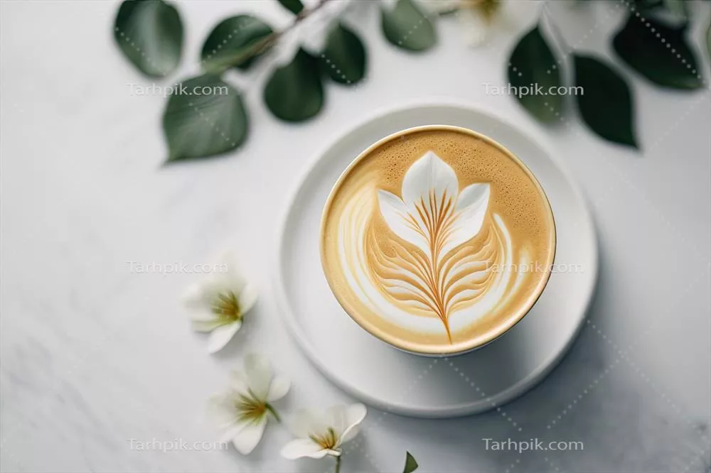 کف قهوه فلت وایت با هنر لاته گل بر روی میز سفید - تصویر سازی AI