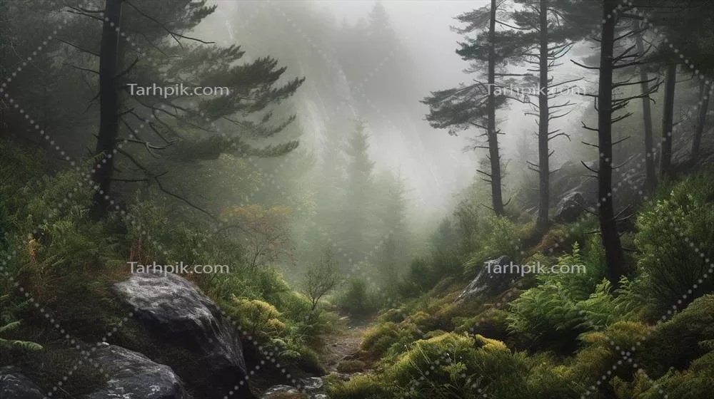 تصویر زیبای جنگل غلیظ میستی و تپه‌های مه‌آلود به سبک نوستالژیک و وینتیج