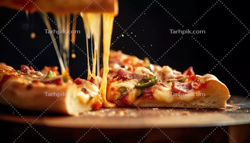 برش بزرگ و داغ پیتزا با پنیر ذوب شده، سوسیس و سبزیجات خوشمزه ایتالیایی