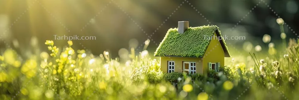 مینیاتور خانه چوبی سازگار با محیط زیست در چمن بهاری - مفهوم مسکن سبز