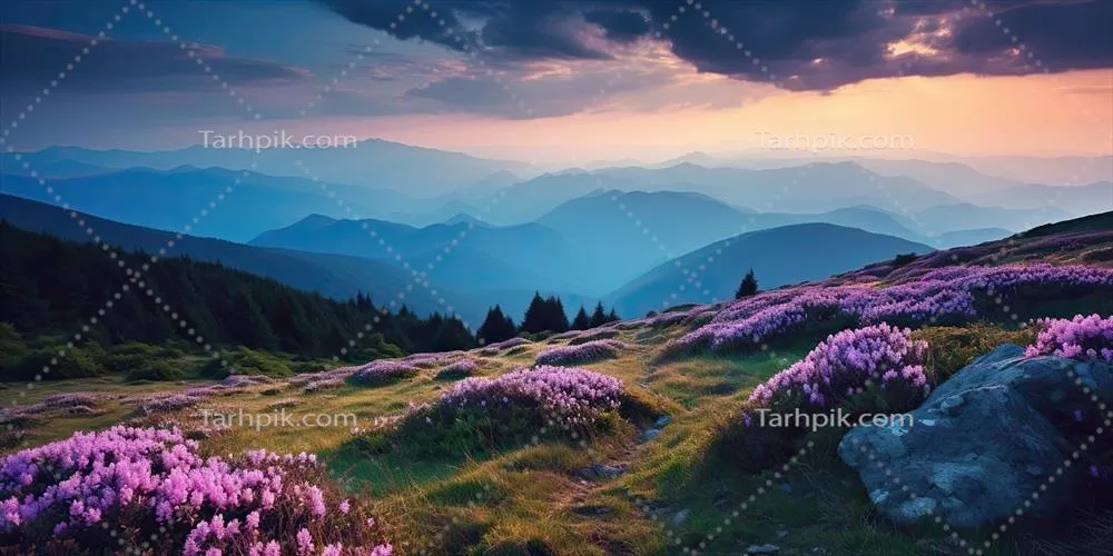 هنر گرافیکی مناظر زیبای غروب با گلهای زیبای رودودندرون تولید شده توسط هوش مصنوعی