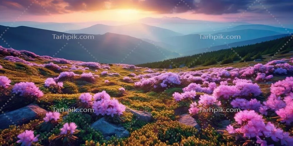 تصویر هنری زیبا از گلهای رودodendron بر فراز کوههای غروب آفتاب