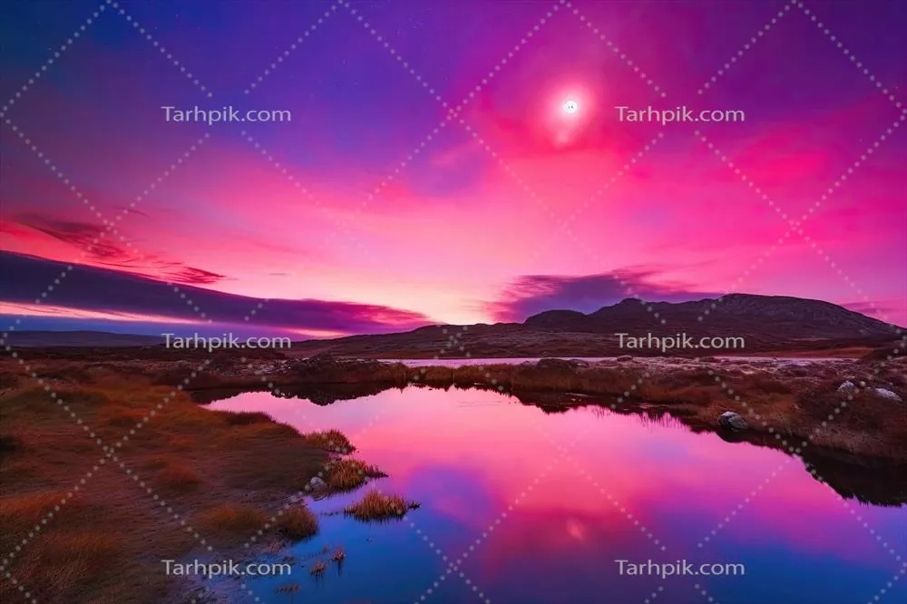 چشم‌انداز خیالی با آسمان صورتی و بنفش درخشان و درخشش رویایی