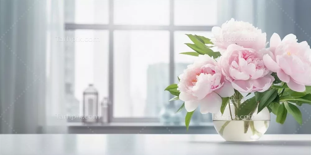 گل پیونی صورتی و پنجره‌ای با نور خورشید در پس‌زمینه‌ای به‌هم‌ریخته