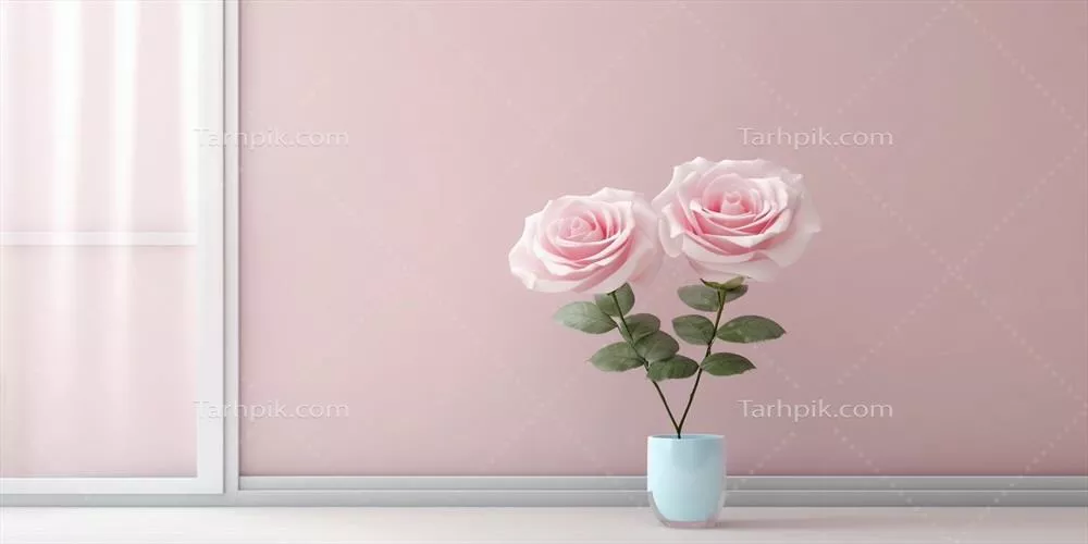 گل رز صورتی و پنجره با نور خورشید بر روی پس‌زمینه مبهم - تصویر گرافیکی تولید شده با هوش مصنوعی
