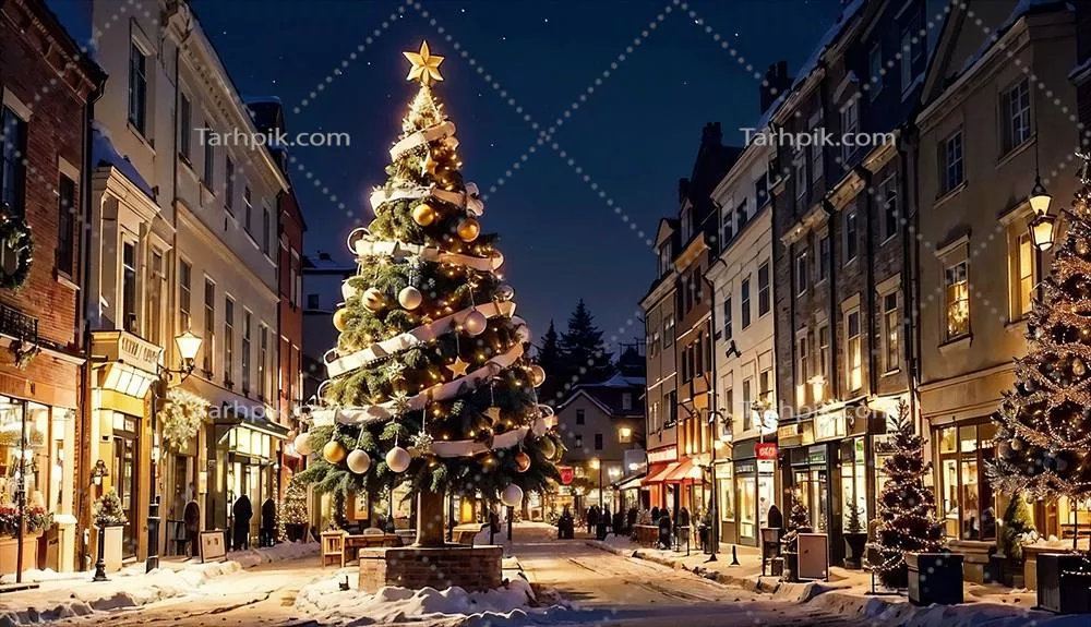 تزئینات کریسمس در فضای باز و درخت کریسمس زیبا با طراحی هوش مصنوعی