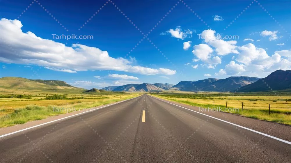 تصویر سازی از چشم انداز زمین با جاده خالی آسفالت در زیر آسمان ابری و آبی