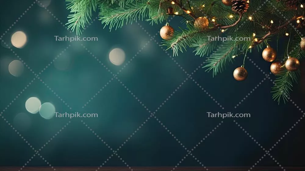 زمینه سبز کریسمسی با شاخه های کاج و تزئینات زیبای آن