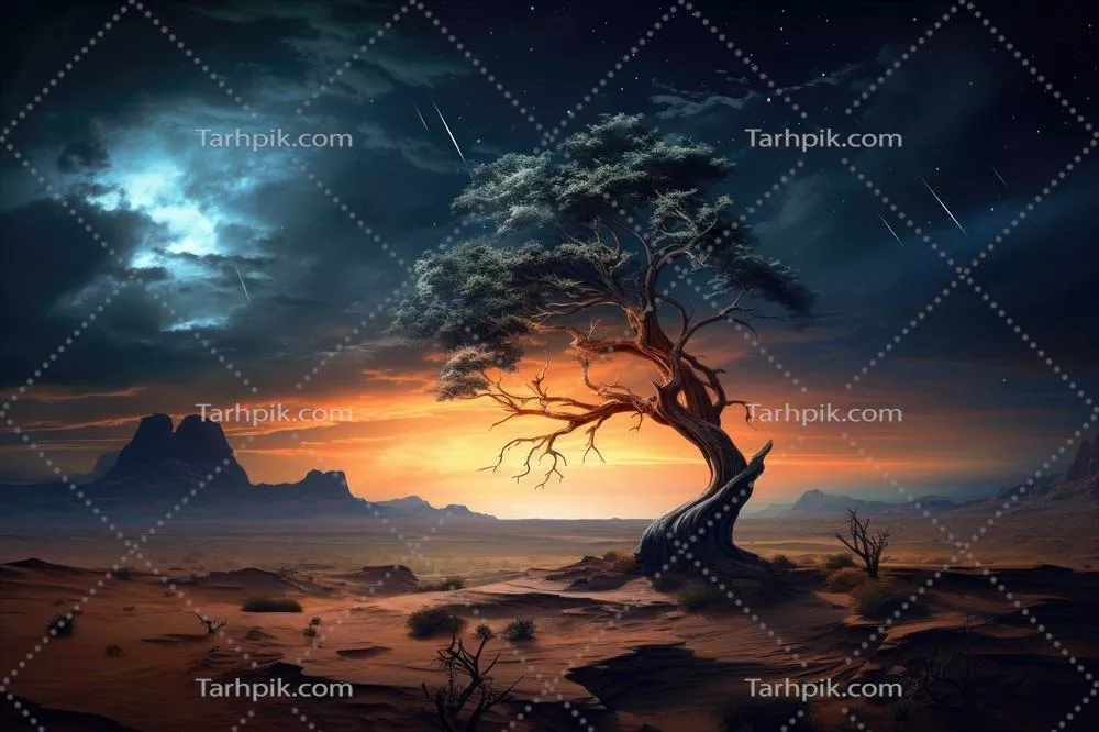 درخت خشک و تنهای در دشت بیابانی تحت آسمان پرستاره شب