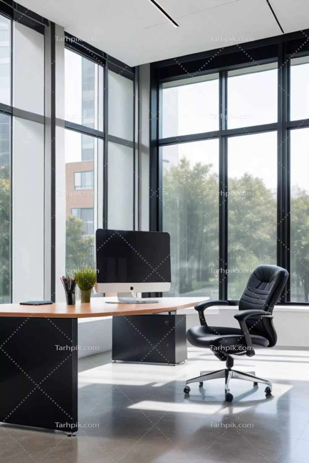 طراحی داخلی مدرن دفتر کار با صندلی راحتی و استفاده از هوش مصنوعی