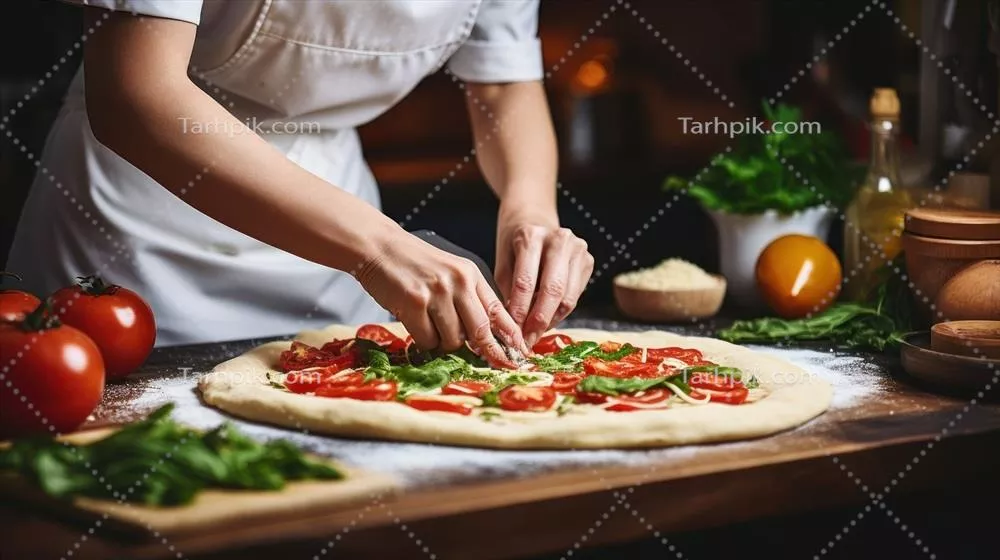 زنی در حال پخت پیتزا ایتالیایی خوشمزه و خانگی