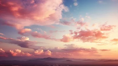 آسمان پاستلی با ابرهای نرم و پفکی بر فراز شهر و کوهستان